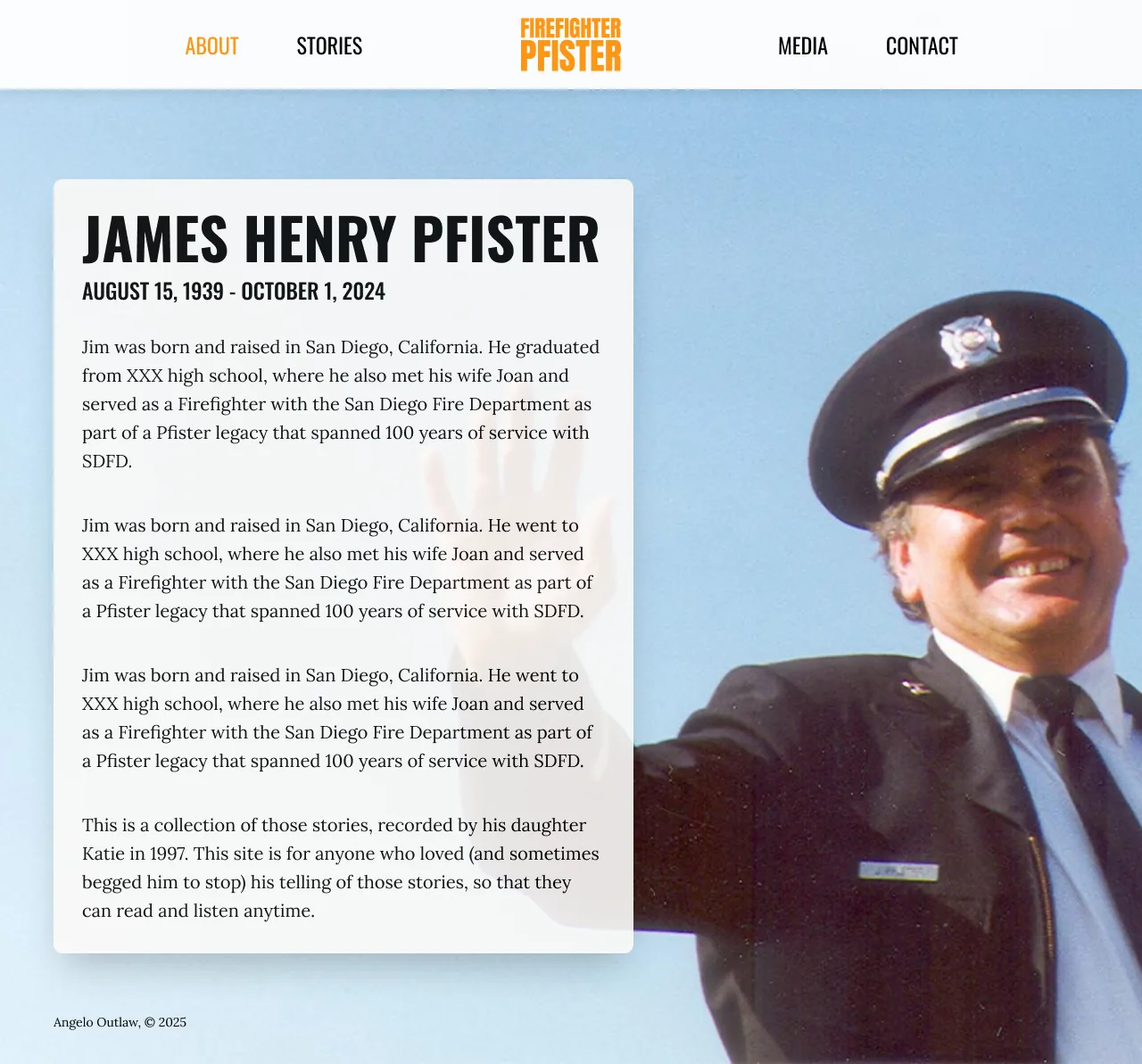 Screenshot of the about page of the Firefighter Pfister site