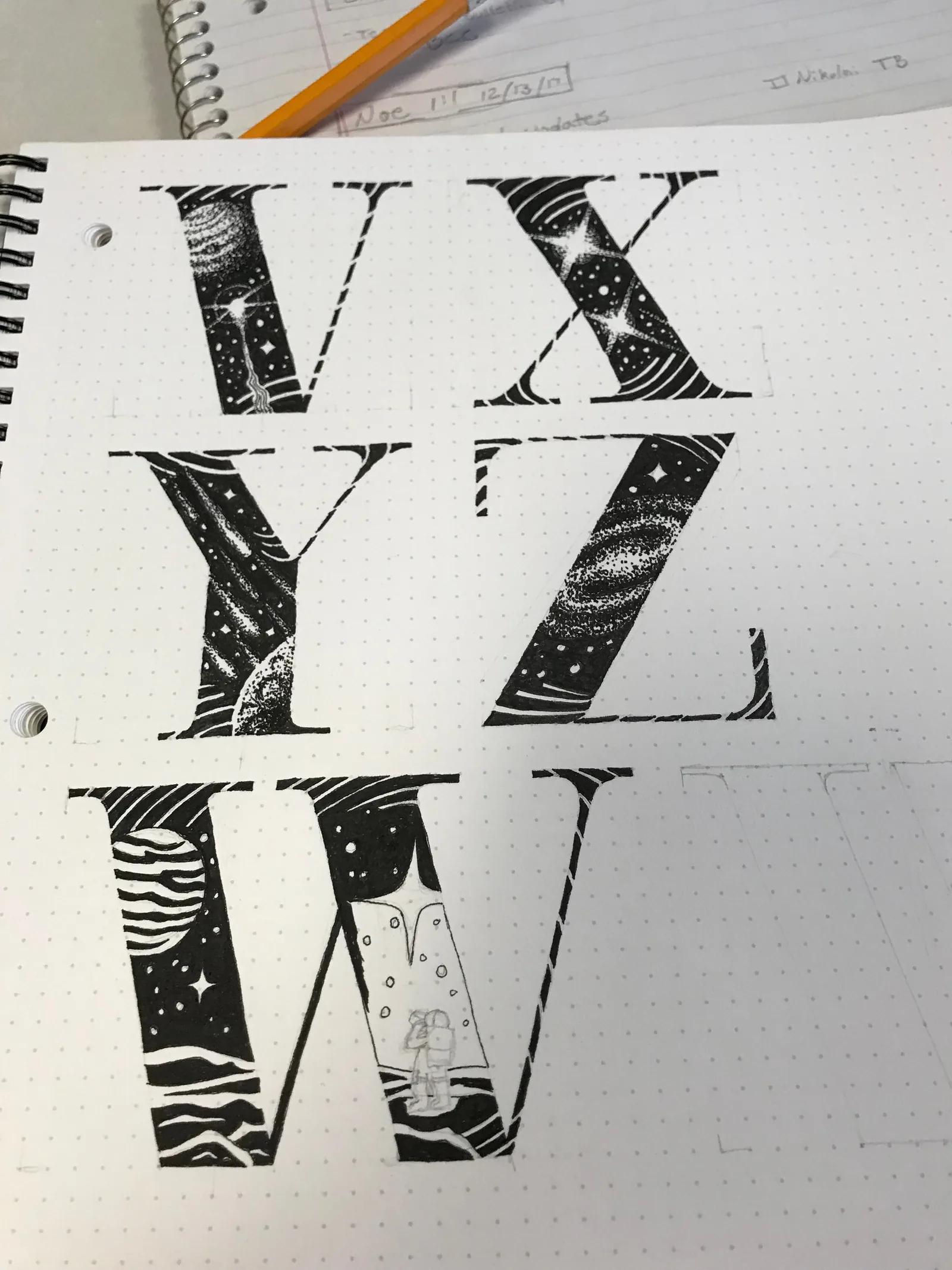 Sketchbook page showing several hand drawn Spaceabet letters