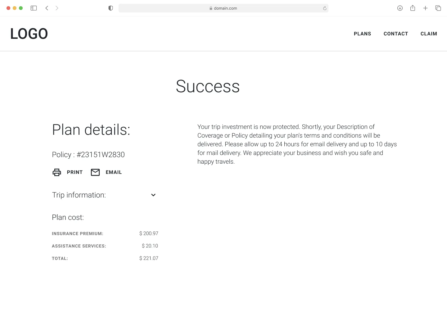 Wireframe showing the purchase success page